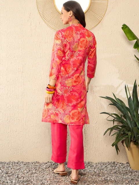 KALINI Floral Printed Mandarin Collar Three-Quarter Sleeves Top With Trouser - Image 5
