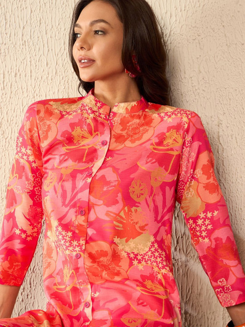 KALINI Floral Printed Mandarin Collar Three-Quarter Sleeves Top With Trouser - Image 2