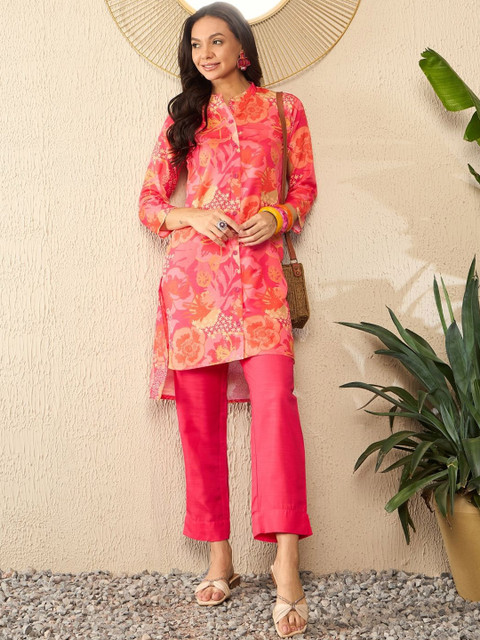 KALINI Floral Printed Mandarin Collar Three-Quarter Sleeves Top With Trouser