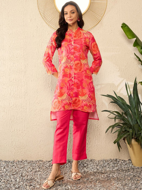 KALINI Floral Printed Mandarin Collar Three-Quarter Sleeves Top With Trouser - Image 6