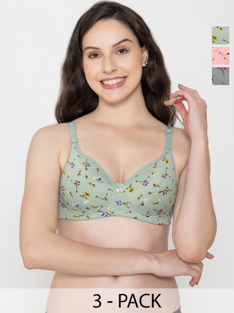Designer Bugs Women Set of 3 Cotton Printed All Day Comfort Lightly Padded T-shirt Bra