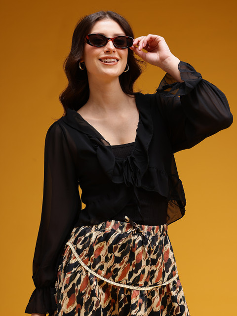 HERE&NOW Front-Open Ruffle Detail Semi-Sheer Shrug