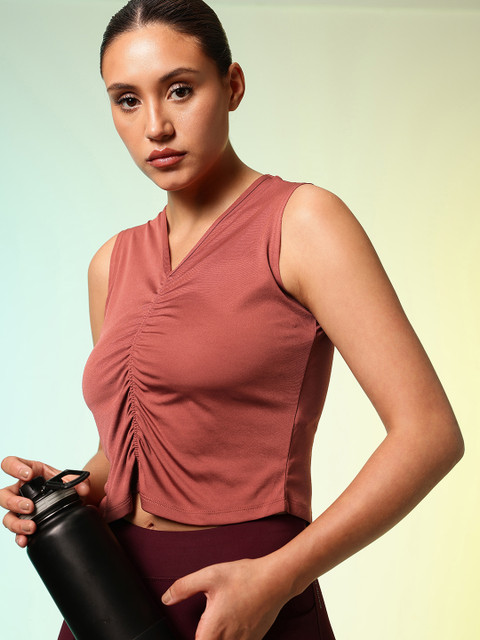 HRX by Hrithik Roshan ACTIVE-GODDESS Gathers V-Neck Rapid Dry Training T-shirt