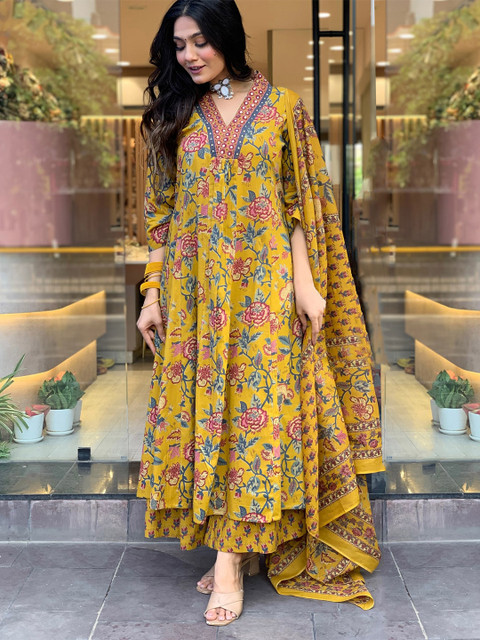GoSriKi Women Floral Printed V-Neck Anarkali Kurta with Palazzos & With Dupatta - Image 5