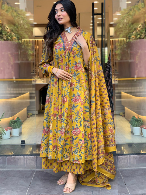 GoSriKi Women Floral Printed V-Neck Anarkali Kurta with Palazzos & With Dupatta - Image 7