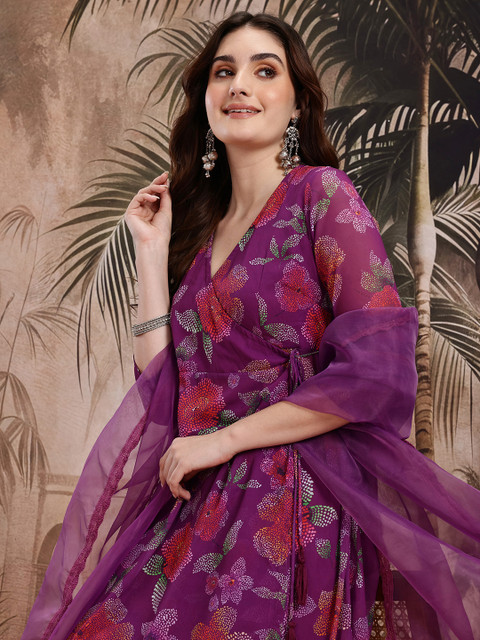 Sangria Floral Print Angrakha Kurta with Trousers & Dupatta