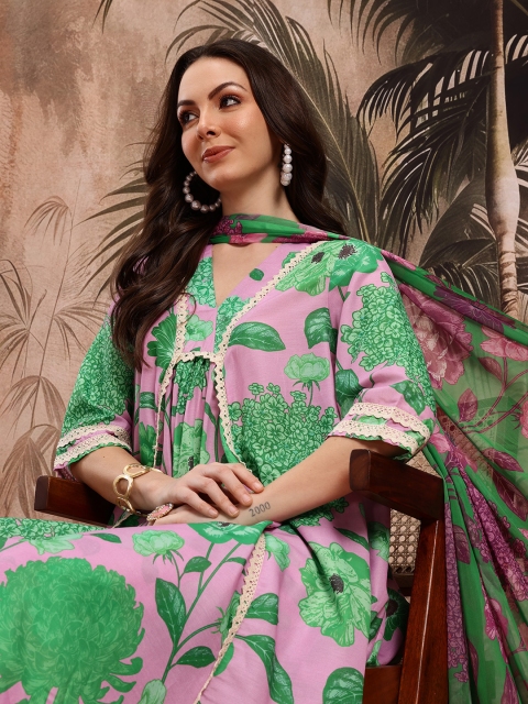 Sangria Floral Printed Kurta With Palazzos & Dupatta
