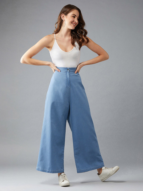 DOLCE CRUDO Women's Flared Wide-Leg High Rise Non Stretchable Light Weight Denim Pants