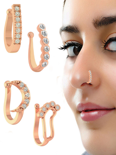 VAMA Women Set of 4 Pcs Diamond Rose Gold Jewellery Clip on Without Piercing Nosepin