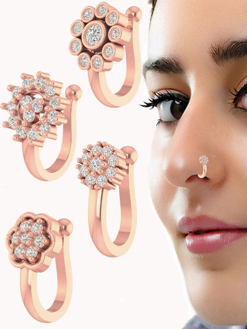 VAMA Women Set of 4 Pcs Diamond Rose Gold Stone Clip on Without Piercing Nosepin