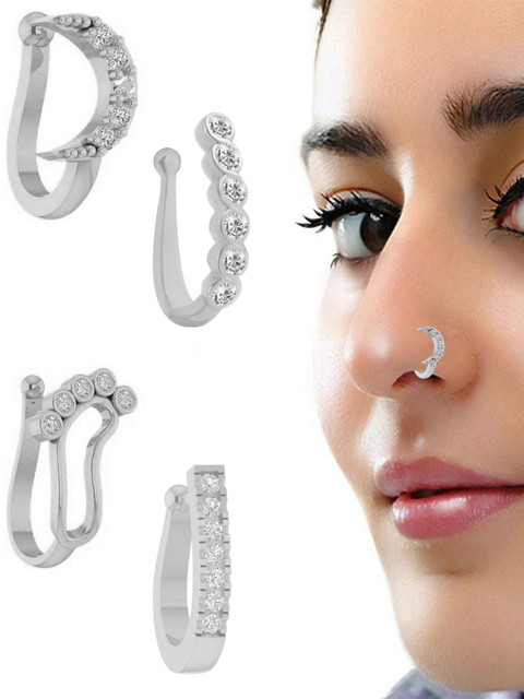 VAMA Women Set of 4 Pcs Diamond Silver Jewellery Clip on Without Piercing Stone Nosepin