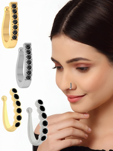 VAMA Women Set of 4 Pcs Gold & Silver Plated Stone Clip on Non Piercing Nosepin