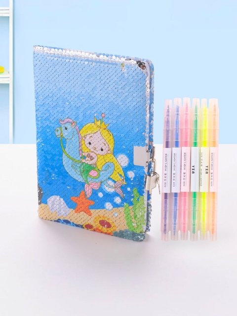Tinker Squad Mermaid Sequence Cover Lock Diary Set with 6 Highlighter Pens Stationery