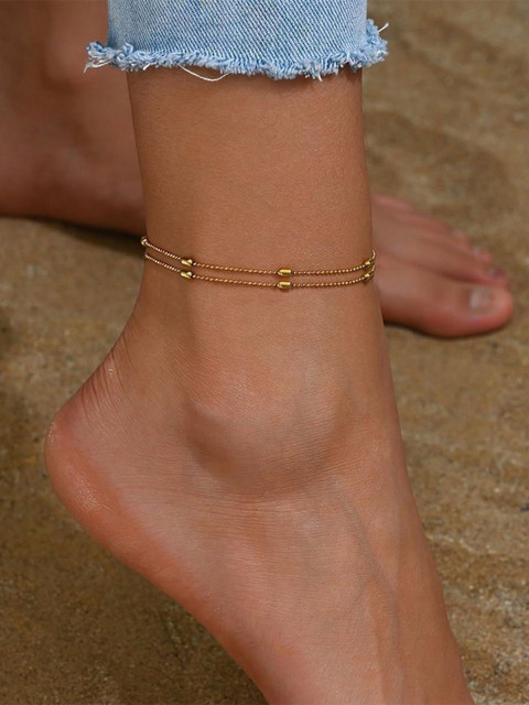 VAMA Women Gold Plated Double Layered Beads Chain Leg Anklet