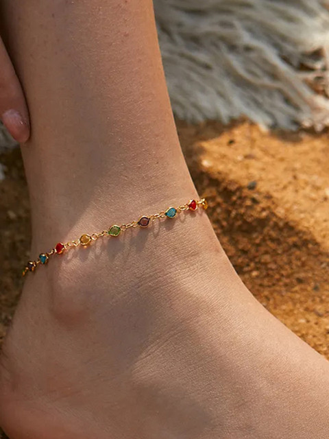 VAMA Women Gold Plated Layered Chain Round Multicolor Charm Anklet