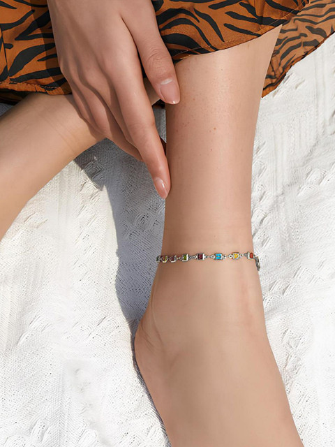 VAMA Women Silver Plated Layered Chain Multicolor Square Stone Leg Anklet