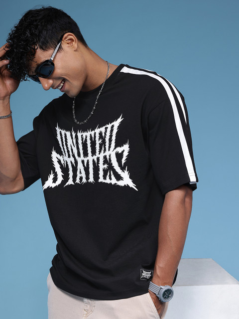 HERE&NOW Typography Printed Drop-Shoulder Sleeves Pure Cotton Oversized T-shirt