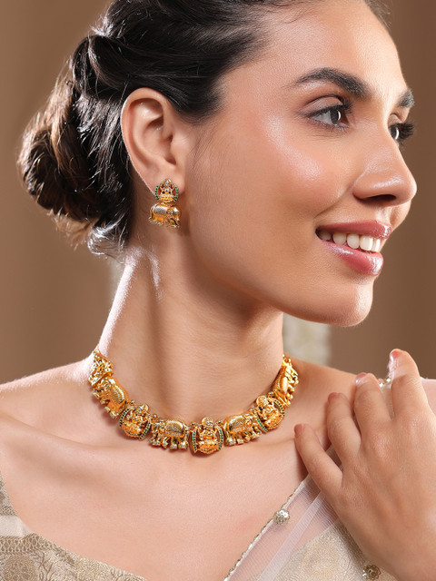 Rubans 22K Gold-Plated Lakshmi & Elephant Motifs Temple Jewellery Set with Green Accents
