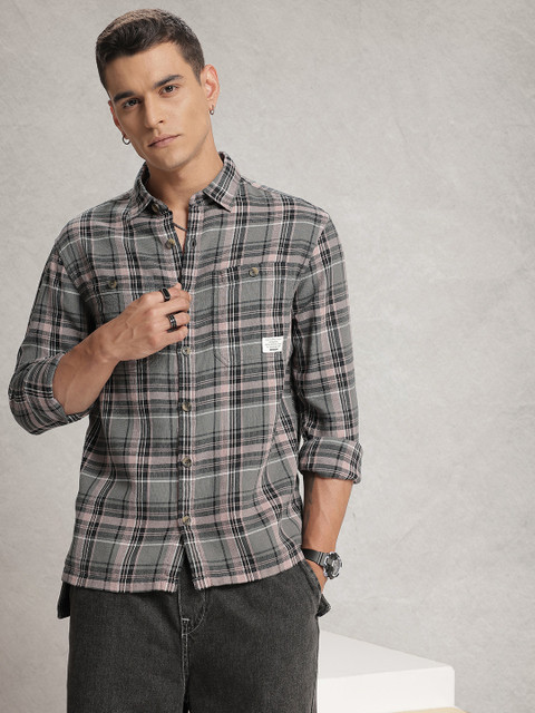 WROGN Comfort Fit Tartan Checks Pure Cotton Casual Shirt - Image 3