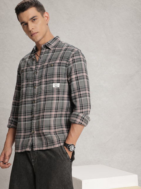 WROGN Comfort Fit Tartan Checks Pure Cotton Casual Shirt - Image 4