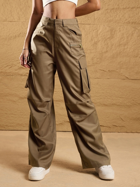 SASSAFRAS Women Comfort Straight Fit High-Rise Cargos Trousers