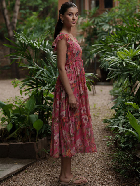 anayna Women Floral Printed Flared Midi Dress