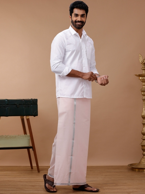Ramraj Men Formal White Shirt with Pink Dhoti Combo