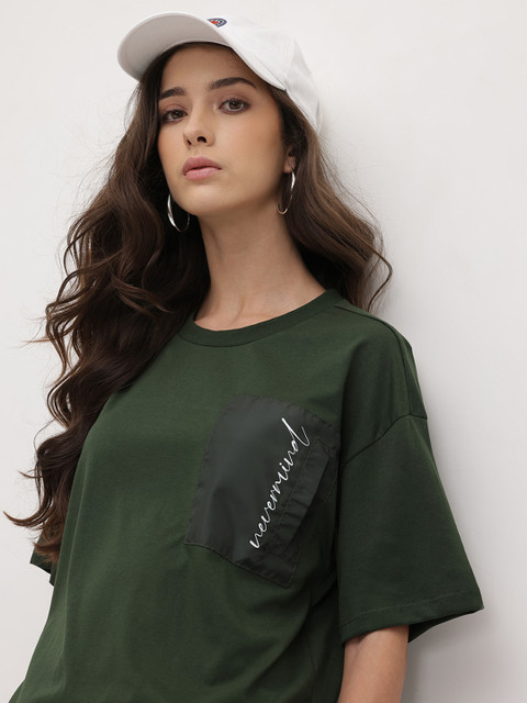 The Roadster Life Co. Women Oversized Drop-Shoulder Sleeves T-shirt with Pocket Detail