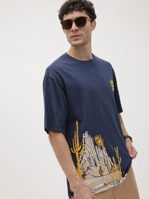 The Roadster Life Co. Graphic Print Drop-Shoulder Sleeves Pure Cotton Relaxed Fit T-shirt