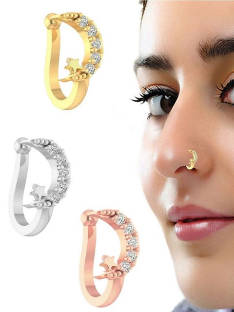 VAMA Women Set of 3 Pcs Gold Silver & Rose Gold Clip on Stone Non Piercing Nosepin