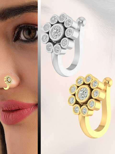 VAMA Women Set of 2 Pcs Gold & Silver Plated Clip on Stone Non Piercing Nosepin