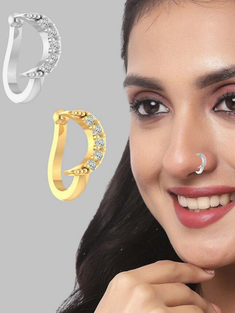 VAMA Women Set of 2 Pcs Gold & Silver Plated Stone Clip on Non Piercing Nosepin