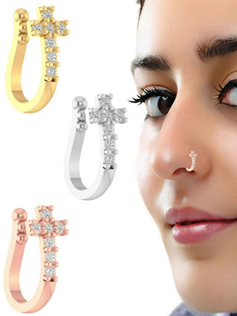 VAMA Women Set of 3 Pcs Gold Silver & Rose Gold Clip on Stone Non Piercing Nosepin