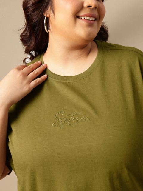 Sztori Plus Size Drop-Shoulder Sleeves Pure Cotton Applique Relaxed Fit T-shirt - Image 2