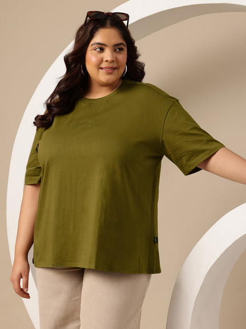 Sztori Plus Size Drop-Shoulder Sleeves Pure Cotton Applique Relaxed Fit T-shirt