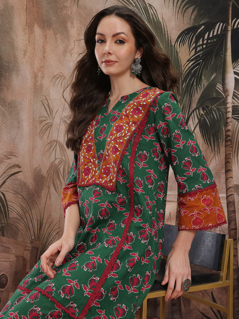 Sangria Ethnic Motifs Printed Panelled Pure Cotton Kurti With Palazzos