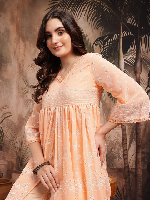 Sangria Women Floral Printed High Slit Kurta with Trousers