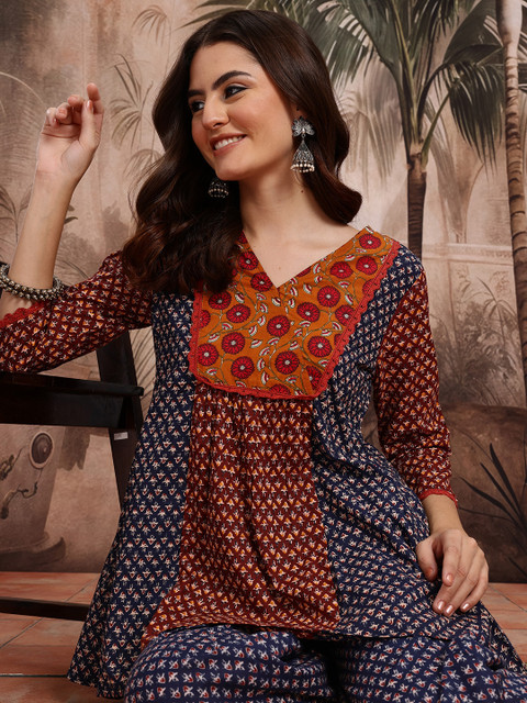 Sangria Ethnic Motifs Print Pure Cotton Panelled Detail A-Line Top with Palazzos