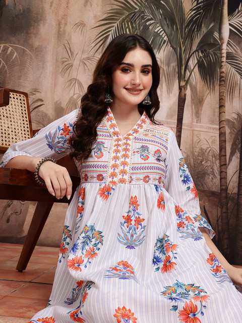 Sangria Floral Printed Empire-Style A-Line Kurta with Trousers