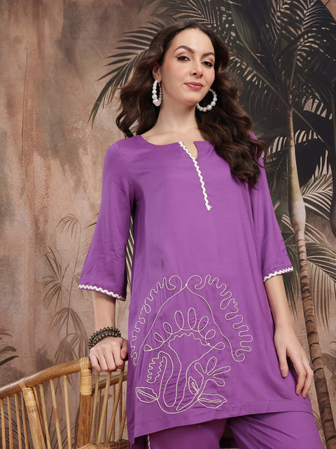 Sangria Floral Embroidered A-Line Kurta With Trousers Co-Ord Set