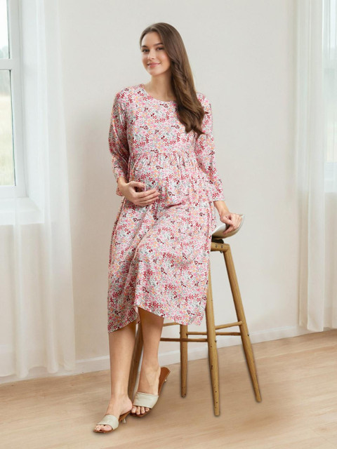 MomToBe Floral Print Flared Sleeve Maternity Fit & Flare Midi Dress