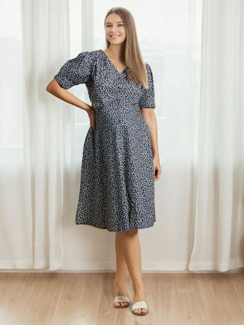 MomToBe Floral Print Puff Sleeve Maternity Fit & Flare Dress