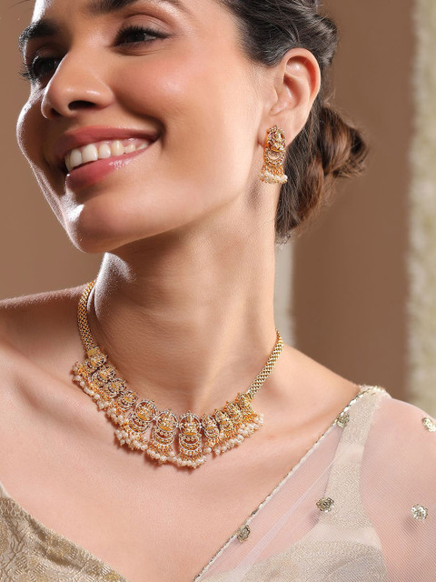 Rubans 22K Gold-Plated Divine Lakshmi Motif Temple Jewellery Set with Pearl Details