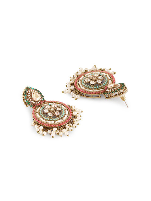 Zaveri Pearls Gold-Plated Stone Studded & Beaded Floral Drop Earrings - Image 5