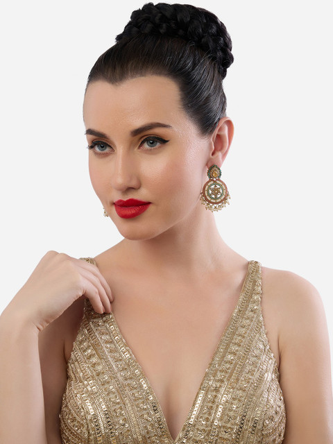 Zaveri Pearls Gold-Plated Stone Studded & Beaded Floral Drop Earrings - Image 4