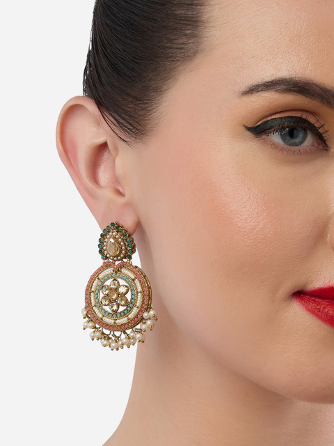 Zaveri Pearls Gold-Plated Stone Studded & Beaded Floral Drop Earrings