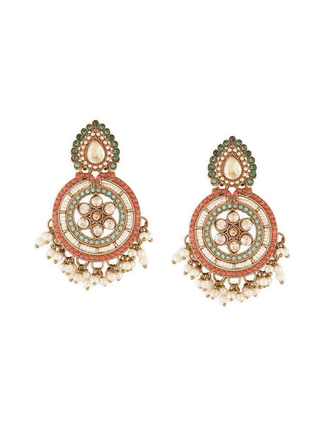 Zaveri Pearls Gold-Plated Stone Studded & Beaded Floral Drop Earrings - Image 3