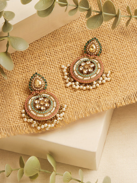 Zaveri Pearls Gold-Plated Stone Studded & Beaded Floral Drop Earrings - Image 2