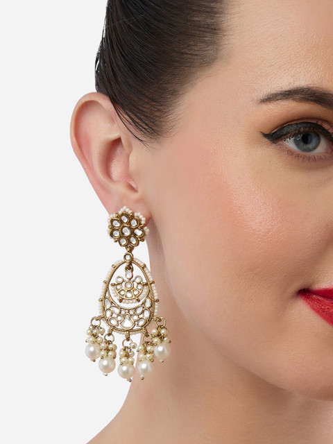 Zaveri Pearls Gold-Plated Kundan Stone Studded & Beaded Floral Antique Drop Earrings