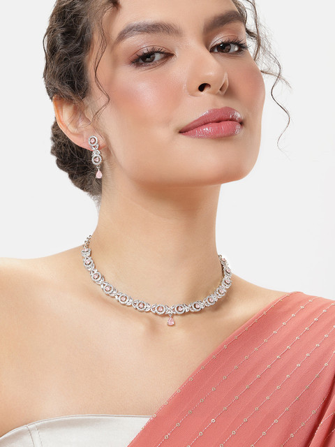 VIVAZS Rhodium-Plated American Diamond Studded Jewellery Set